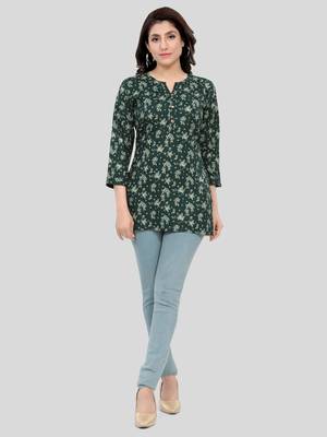 Green printed rayon short-kurtis 5