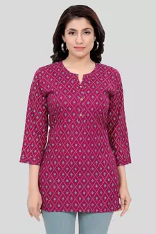 Burgundy printed rayon short-kurtis