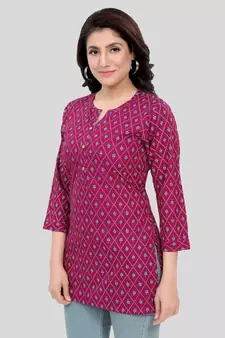 Burgundy printed rayon short-kurtis
