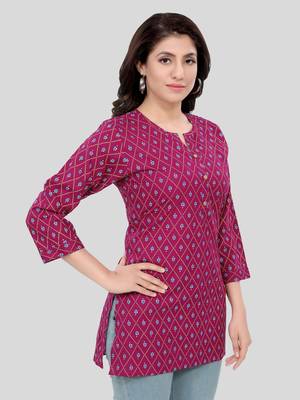 Burgundy printed rayon short-kurtis 5