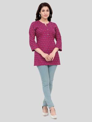 Burgundy printed rayon short-kurtis 6