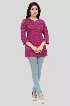 Burgundy printed rayon short-kurtis