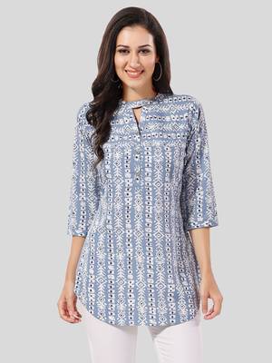 Blue printed crepe short-kurtis 1