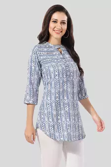 Blue printed crepe short-kurtis