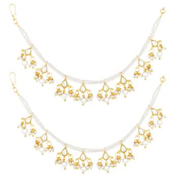 Traditional kundan & Pearl Studed Long Pearl Drop Beads Hair Chain Accessories for Women/Girls  1