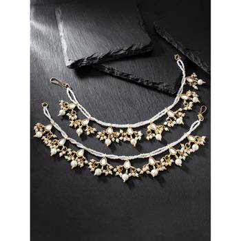 Traditional kundan & Pearl Studed Long Pearl Drop Beads Hair Chain Accessories for Women/Girls  2