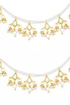 Traditional kundan & Pearl Studed Long Pearl Drop Beads Hair Chain Accessories for Women/Girls 