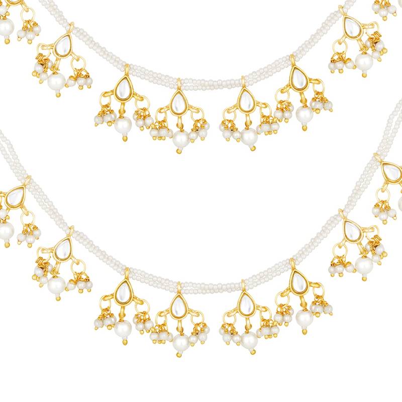 Traditional kundan & Pearl Studed Long Pearl Drop Beads Hair Chain Accessories for Women/Girls 