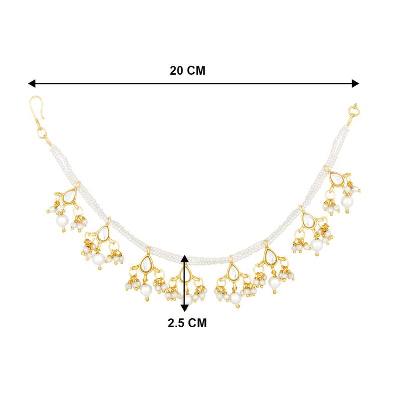 Traditional kundan & Pearl Studed Long Pearl Drop Beads Hair Chain Accessories for Women/Girls 