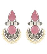 Traditional Silver Oxidised Pink Stones with Pearls drop Chandbali Earrings for Women/Girls 