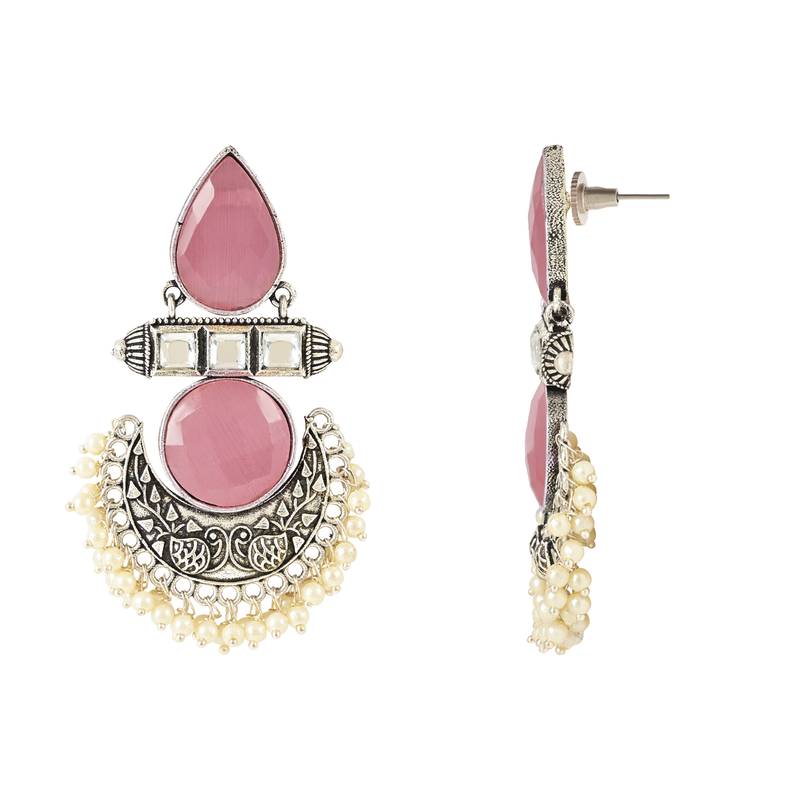 Traditional Silver Oxidised Pink Stones with Pearls drop Chandbali Earrings for Women/Girls 