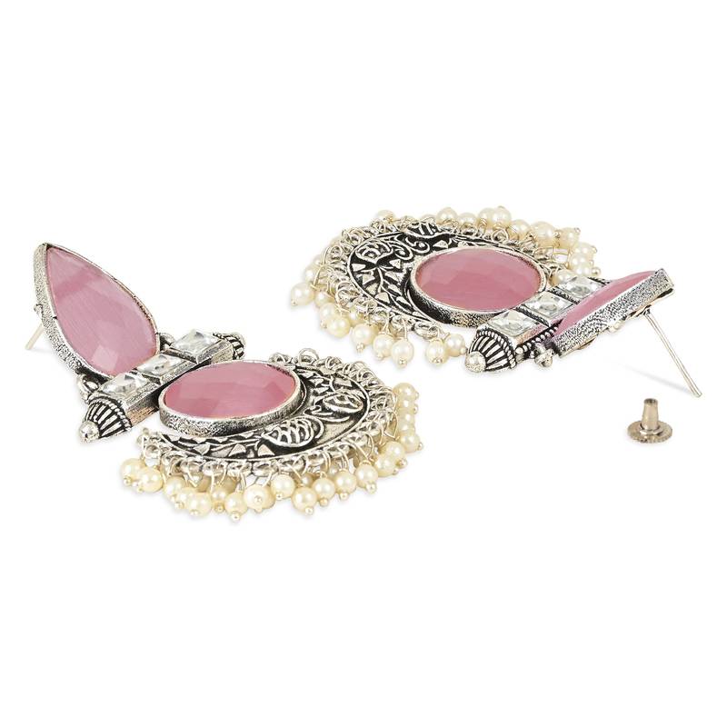 Traditional Silver Oxidised Pink Stones with Pearls drop Chandbali Earrings for Women/Girls 