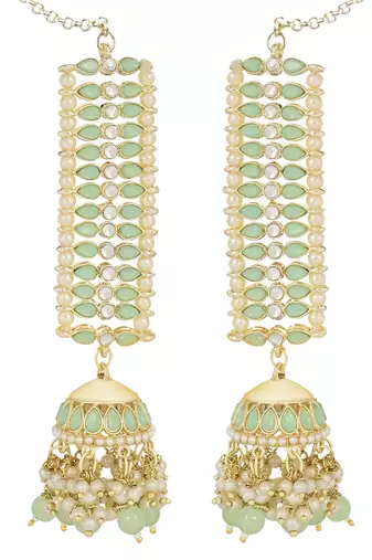 Traditional Kundan Studded Hanging Pearl Jhumki Earrings With Ear Chain For Women/Girls 