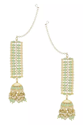 Traditional Kundan Studded Hanging Pearl Jhumki Earrings With Ear Chain For Women/Girls 
