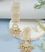 Traditional Kundan Studded Hanging Pearl Jhumki Earrings With Ear Chain For Women/Girls