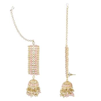 Traditional Kundan Studded Hanging Pearl Jhumki Earrings With Ear Chain For Women/Girls  2