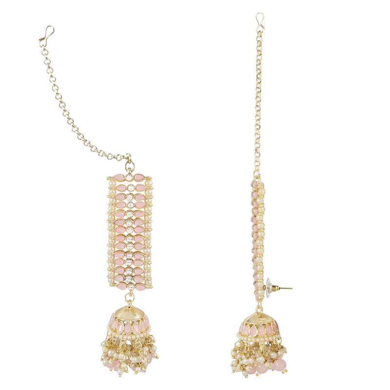 Traditional Kundan Studded Hanging Pearl Jhumki Earrings With Ear Chain For Women/Girls 