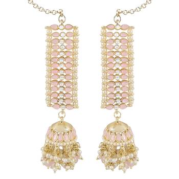 Traditional Kundan Studded Hanging Pearl Jhumki Earrings With Ear Chain For Women/Girls  4