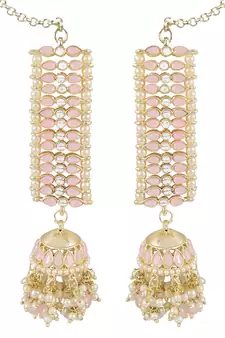 Traditional Kundan Studded Hanging Pearl Jhumki Earrings With Ear Chain For Women/Girls 