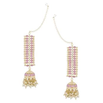 Traditional Kundan Studded Hanging Pearl Jhumki Earrings With Ear Chain For Women/Girls  1