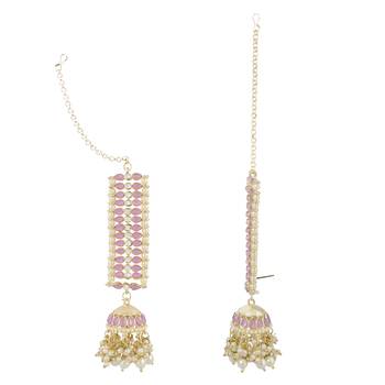 Traditional Kundan Studded Hanging Pearl Jhumki Earrings With Ear Chain For Women/Girls  2