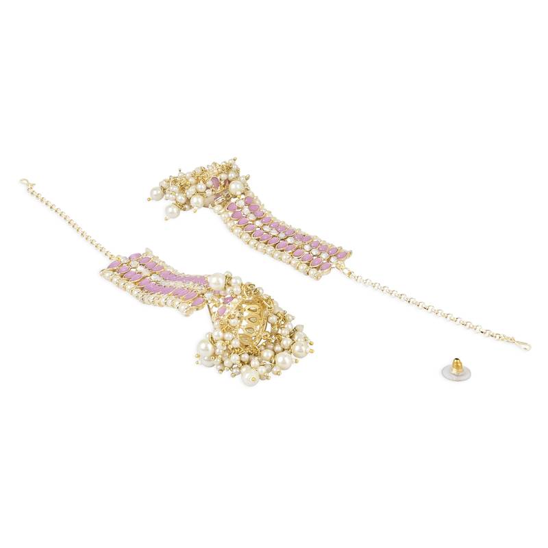 Traditional Kundan Studded Hanging Pearl Jhumki Earrings With Ear Chain For Women/Girls 
