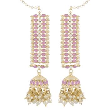 Traditional Kundan Studded Hanging Pearl Jhumki Earrings With Ear Chain For Women/Girls  4