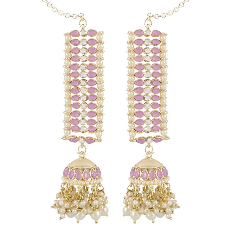 Traditional Kundan Studded Hanging Pearl Jhumki Earrings With Ear Chain For Women/Girls 
