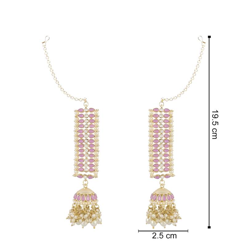 Traditional Kundan Studded Hanging Pearl Jhumki Earrings With Ear Chain For Women/Girls 