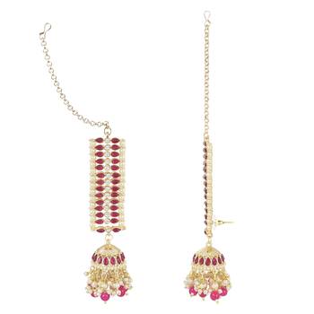 Traditional Kundan Studded Hanging Pearl Jhumki Earrings With Ear Chain For Women/Girls  2