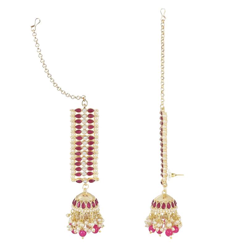 Traditional Kundan Studded Hanging Pearl Jhumki Earrings With Ear Chain For Women/Girls 