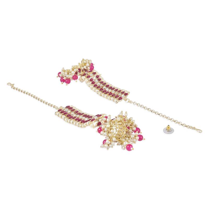 Traditional Kundan Studded Hanging Pearl Jhumki Earrings With Ear Chain For Women/Girls 