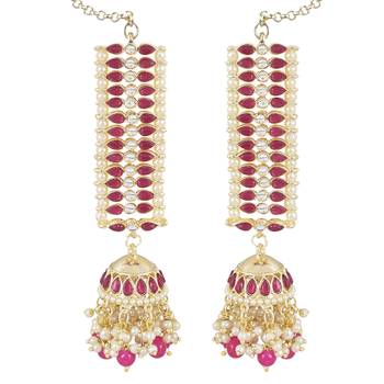 Traditional Kundan Studded Hanging Pearl Jhumki Earrings With Ear Chain For Women/Girls  4