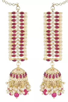 Traditional Kundan Studded Hanging Pearl Jhumki Earrings With Ear Chain For Women/Girls 
