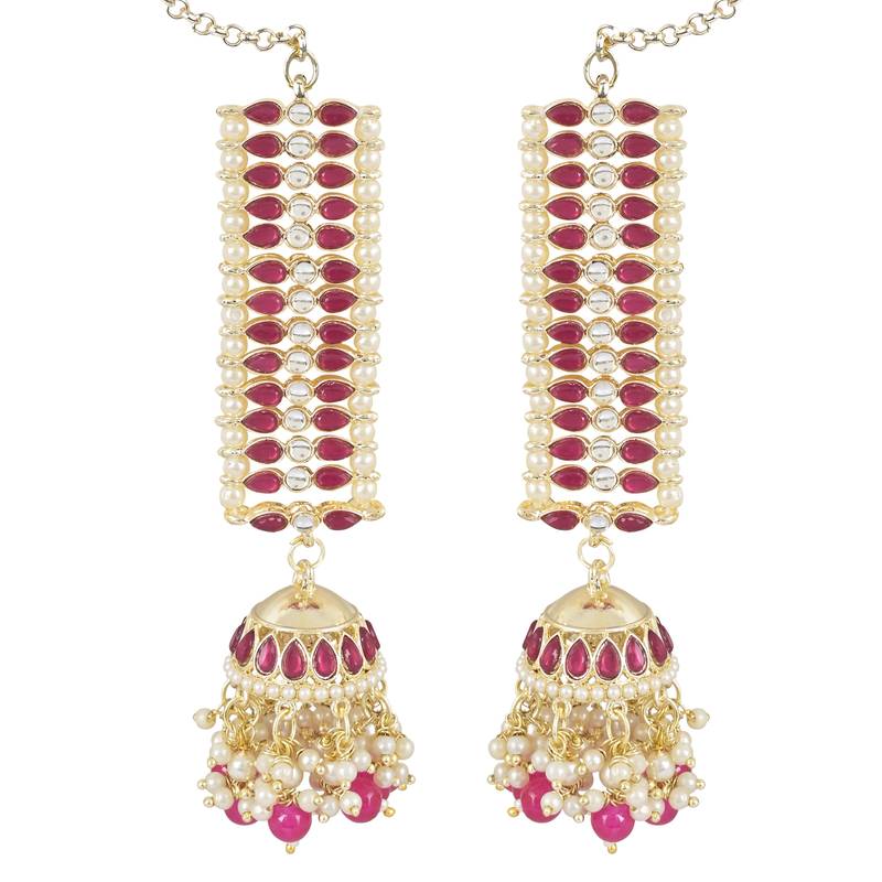 Traditional Kundan Studded Hanging Pearl Jhumki Earrings With Ear Chain For Women/Girls 