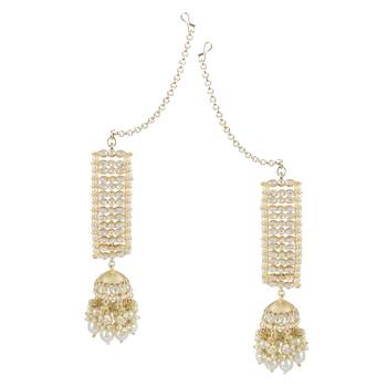 Traditional Kundan Studded Hanging Pearl Jhumki Earrings With Ear Chain For Women/Girls  1