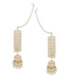 Traditional Kundan Studded Hanging Pearl Jhumki Earrings With Ear Chain For Women/Girls 