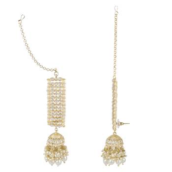 Traditional Kundan Studded Hanging Pearl Jhumki Earrings With Ear Chain For Women/Girls  2