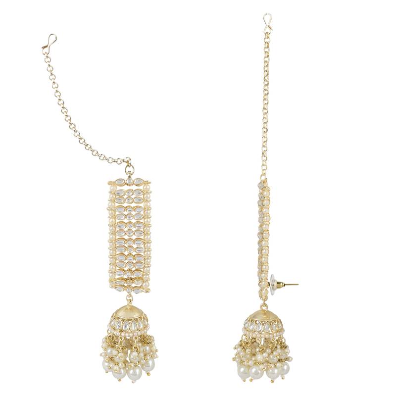 Traditional Kundan Studded Hanging Pearl Jhumki Earrings With Ear Chain For Women/Girls 