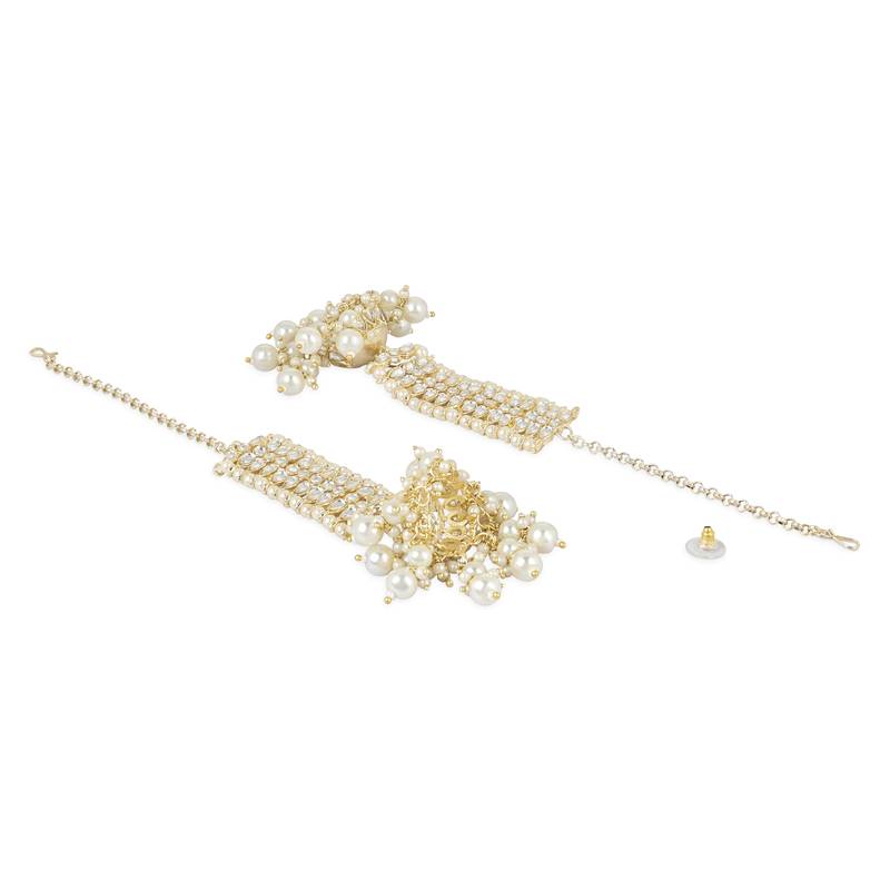 Traditional Kundan Studded Hanging Pearl Jhumki Earrings With Ear Chain For Women/Girls 