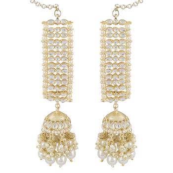Traditional Kundan Studded Hanging Pearl Jhumki Earrings With Ear Chain For Women/Girls  4