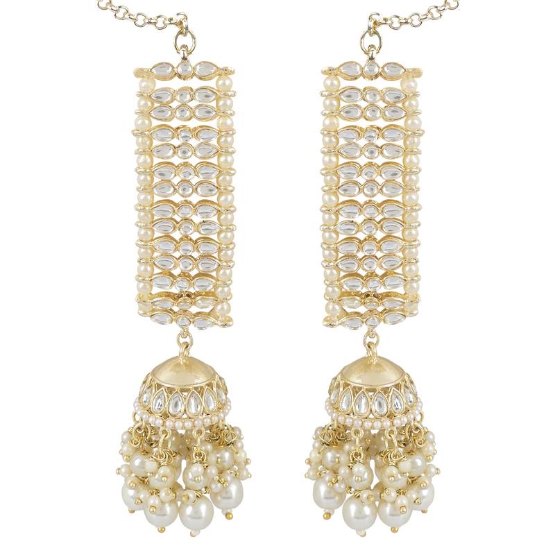 Traditional Kundan Studded Hanging Pearl Jhumki Earrings With Ear Chain For Women/Girls 