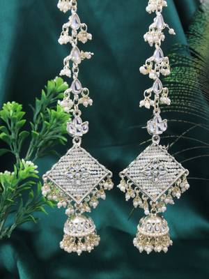 Traditional Kundan Studded Hanging Pearl Earring With Ear Chain For Women/Girls  1