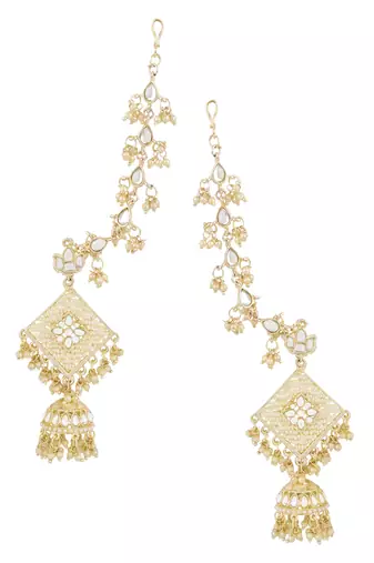 Traditional Kundan Studded Hanging Pearl Earring With Ear Chain For Women/Girls 
