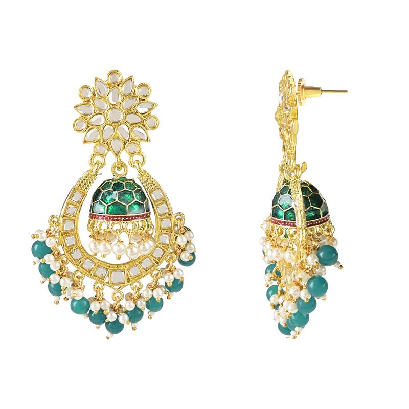 Traditional Meenakari Kundan Studded Pearl Dangle Jhumki Earrings For Women/Girls (E3124Bl)