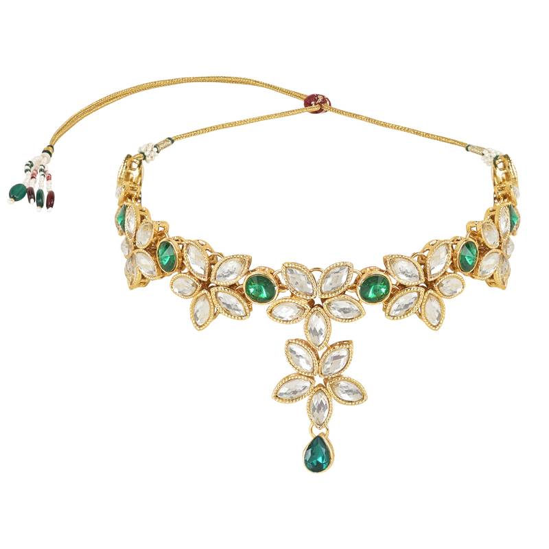 Traditional Floral Design Kundan Studded Necklace Jewellery With Earrings Set for Women/Girls 