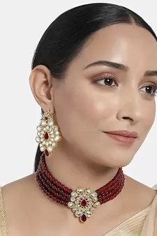 Traditional Kundan Handcrafted Pearl Choker Necklace Jewellery With Earrings Set For Women/Girls 