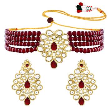 Traditional Kundan Handcrafted Pearl Choker Necklace Jewellery With Earrings Set For Women/Girls  3
