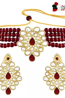 Traditional Kundan Handcrafted Pearl Choker Necklace Jewellery With Earrings Set For Women/Girls 