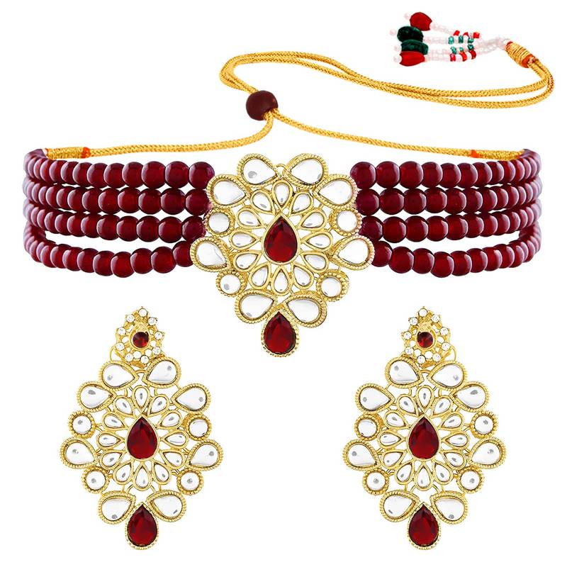 Traditional Kundan Handcrafted Pearl Choker Necklace Jewellery With Earrings Set For Women/Girls 